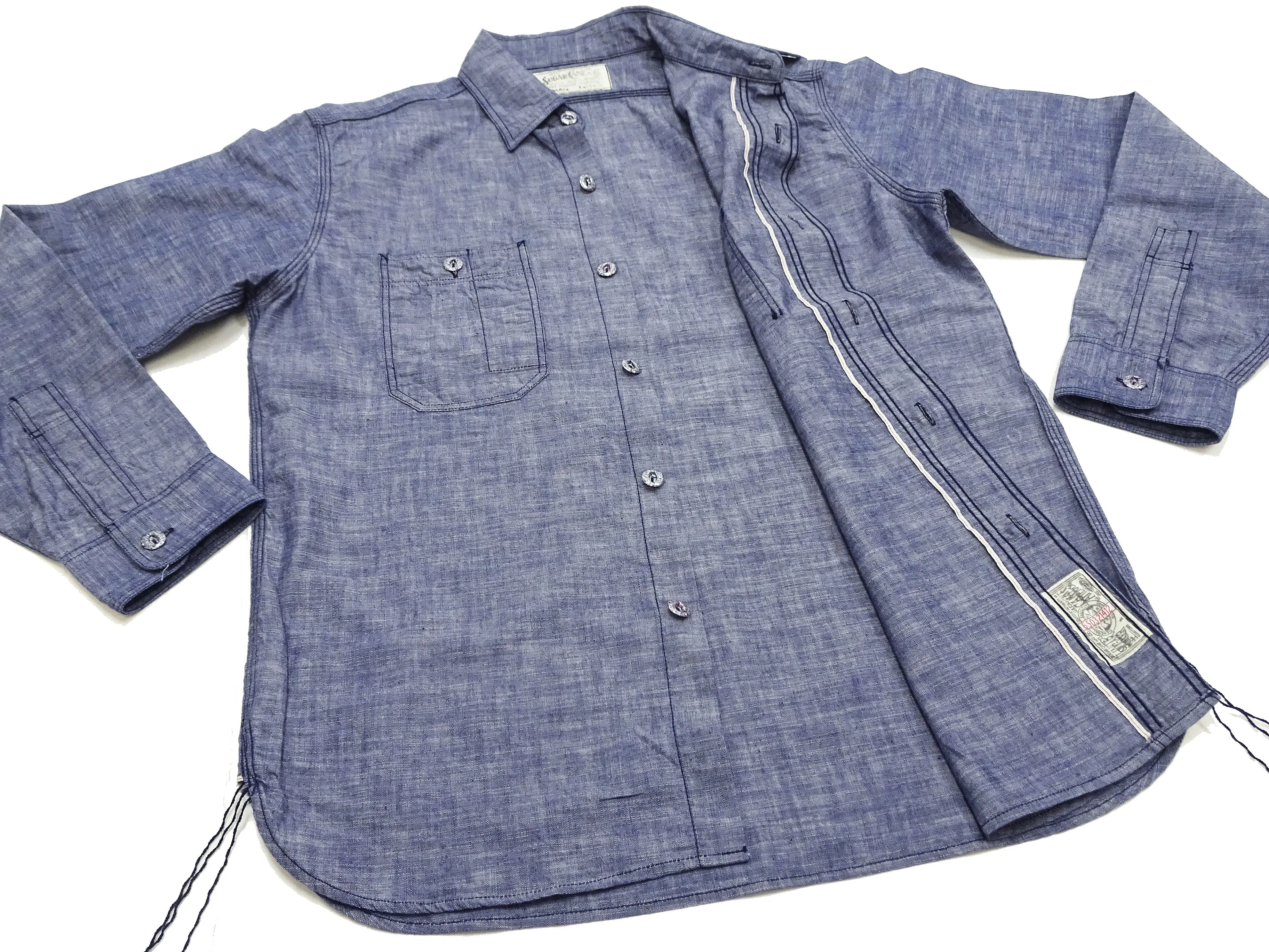 Sugar Cane Slub Chambray Shirt Men's Plain Long Sleeve Button Up Work Shirt SC28994 Chambray-Blue