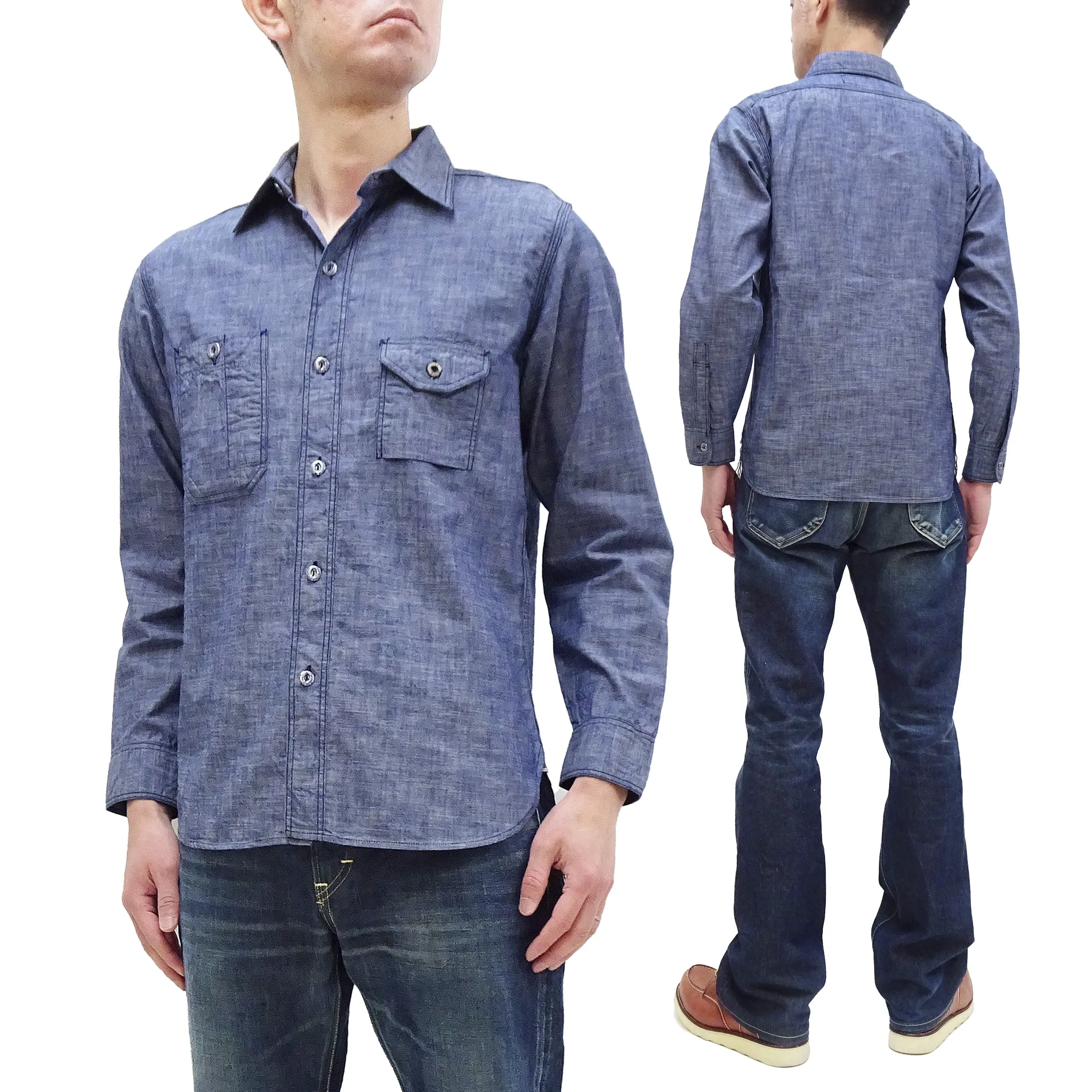 Sugar Cane Slub Chambray Shirt Men's Plain Long Sleeve Button Up Work Shirt SC28994 Chambray-Blue