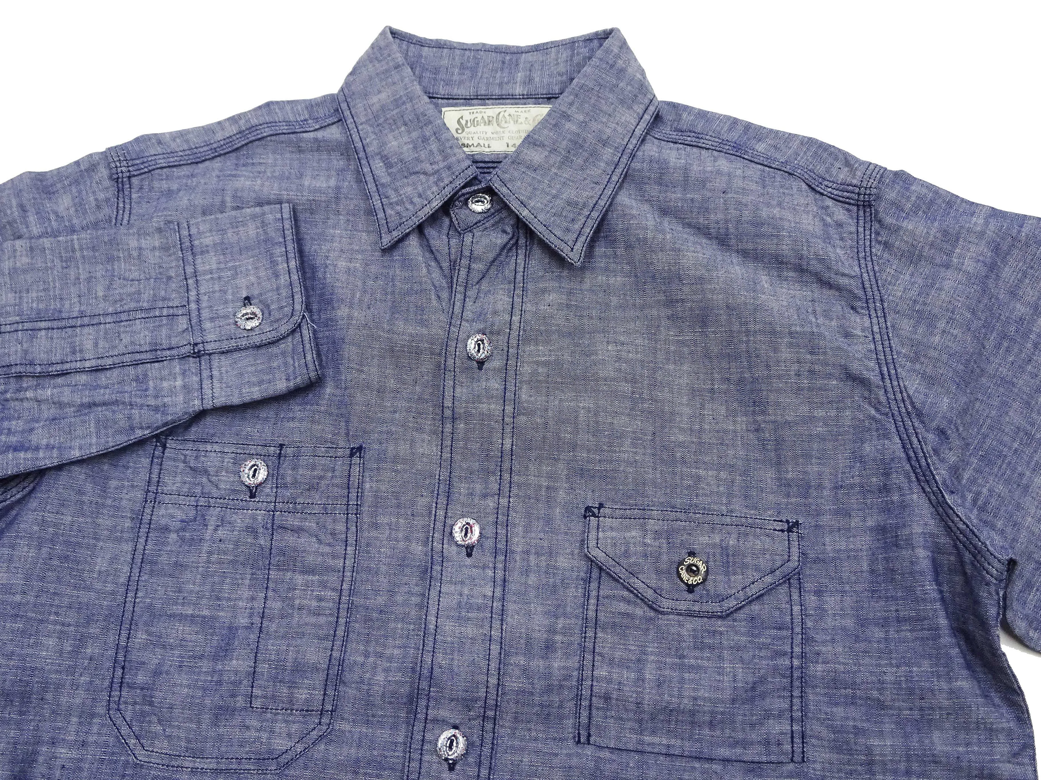 Sugar Cane Slub Chambray Shirt Men's Plain Long Sleeve Button Up Work Shirt SC28994 Chambray-Blue