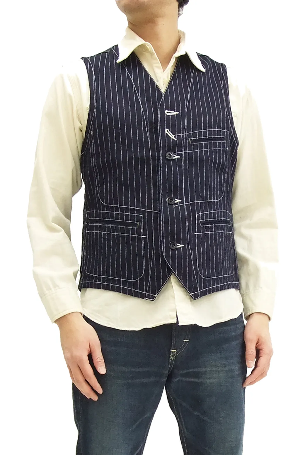 Sugar Cane Vest Men's Casual Indigo Wabash Stripe Work Vest Waistcoat SC12654