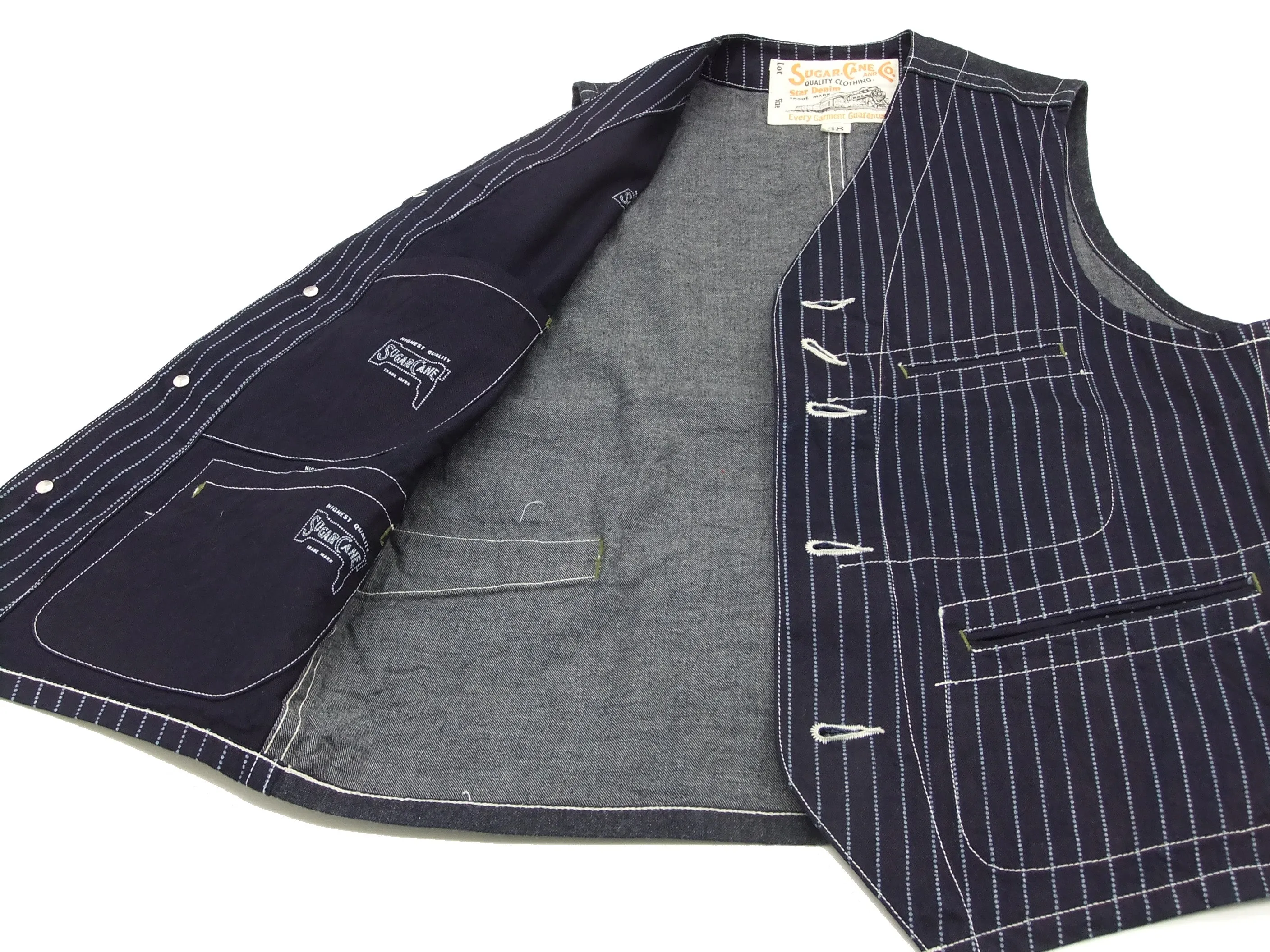 Sugar Cane Vest Men's Casual Indigo Wabash Stripe Work Vest Waistcoat SC12654