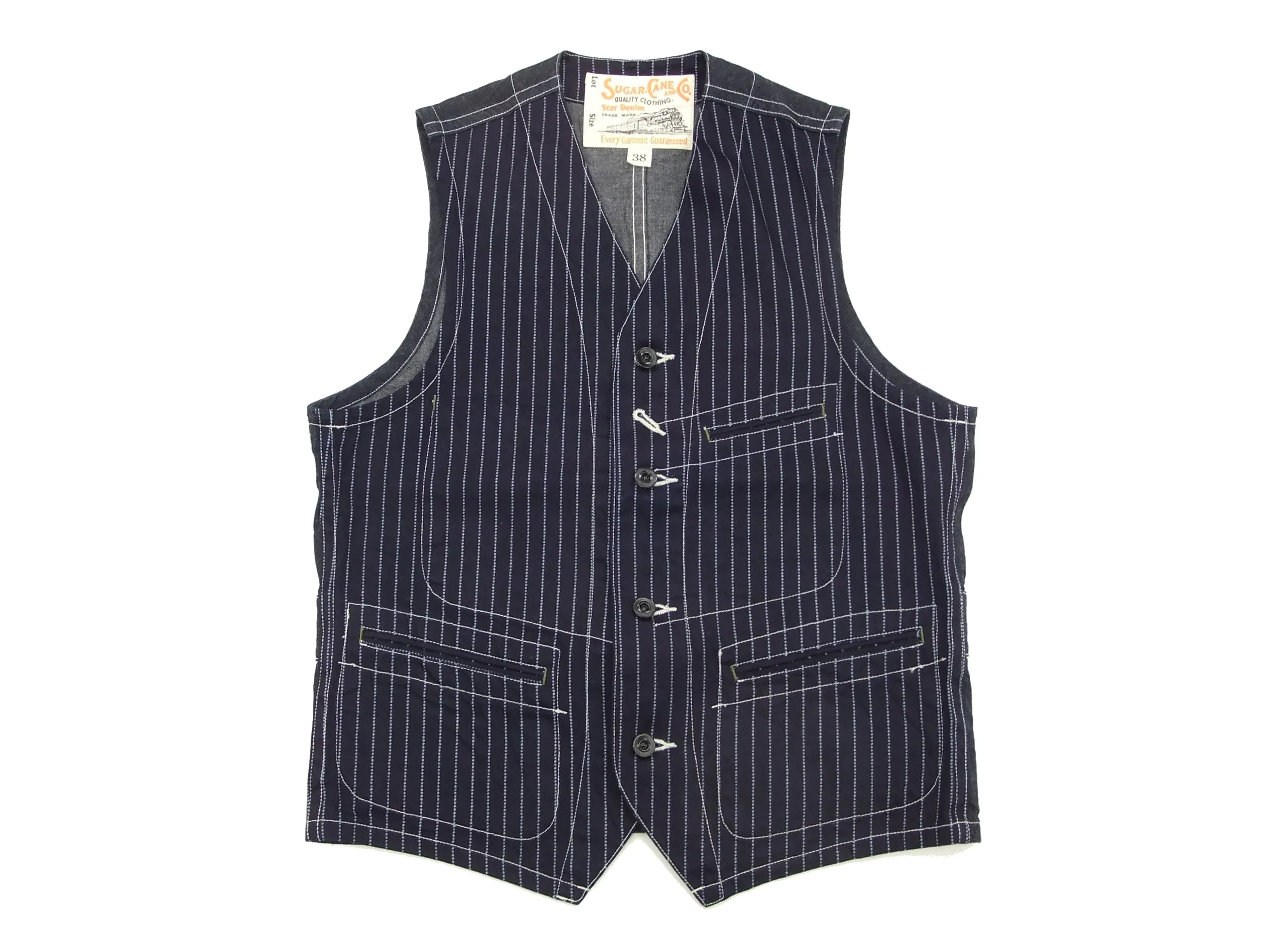 Sugar Cane Vest Men's Casual Indigo Wabash Stripe Work Vest Waistcoat SC12654