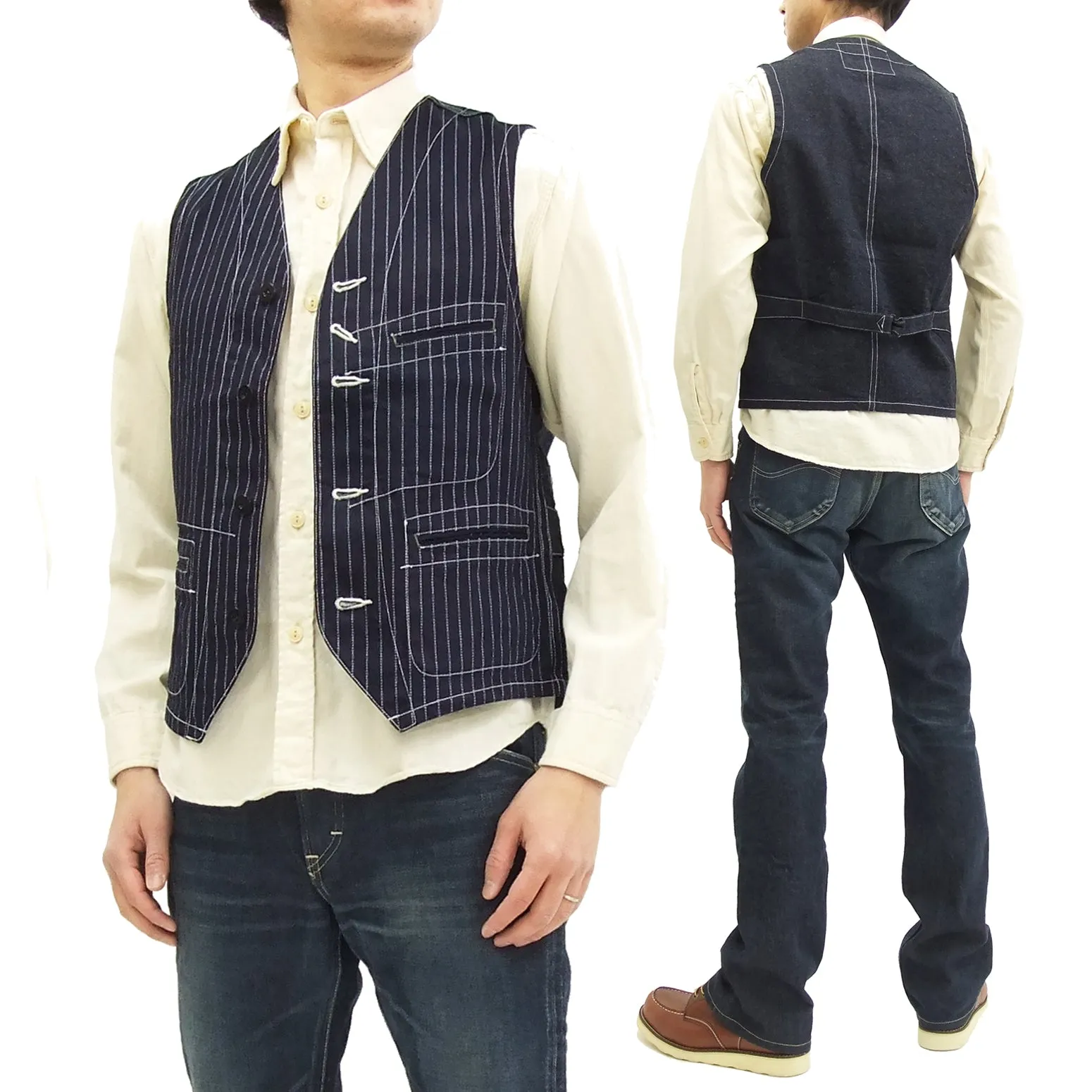 Sugar Cane Vest Men's Casual Indigo Wabash Stripe Work Vest Waistcoat SC12654