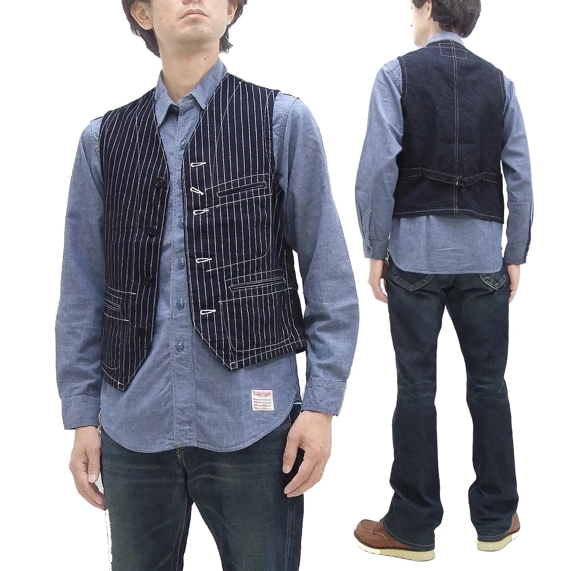 Sugar Cane Vest Men's Casual Indigo Wabash Stripe Work Vest Waistcoat SC12654