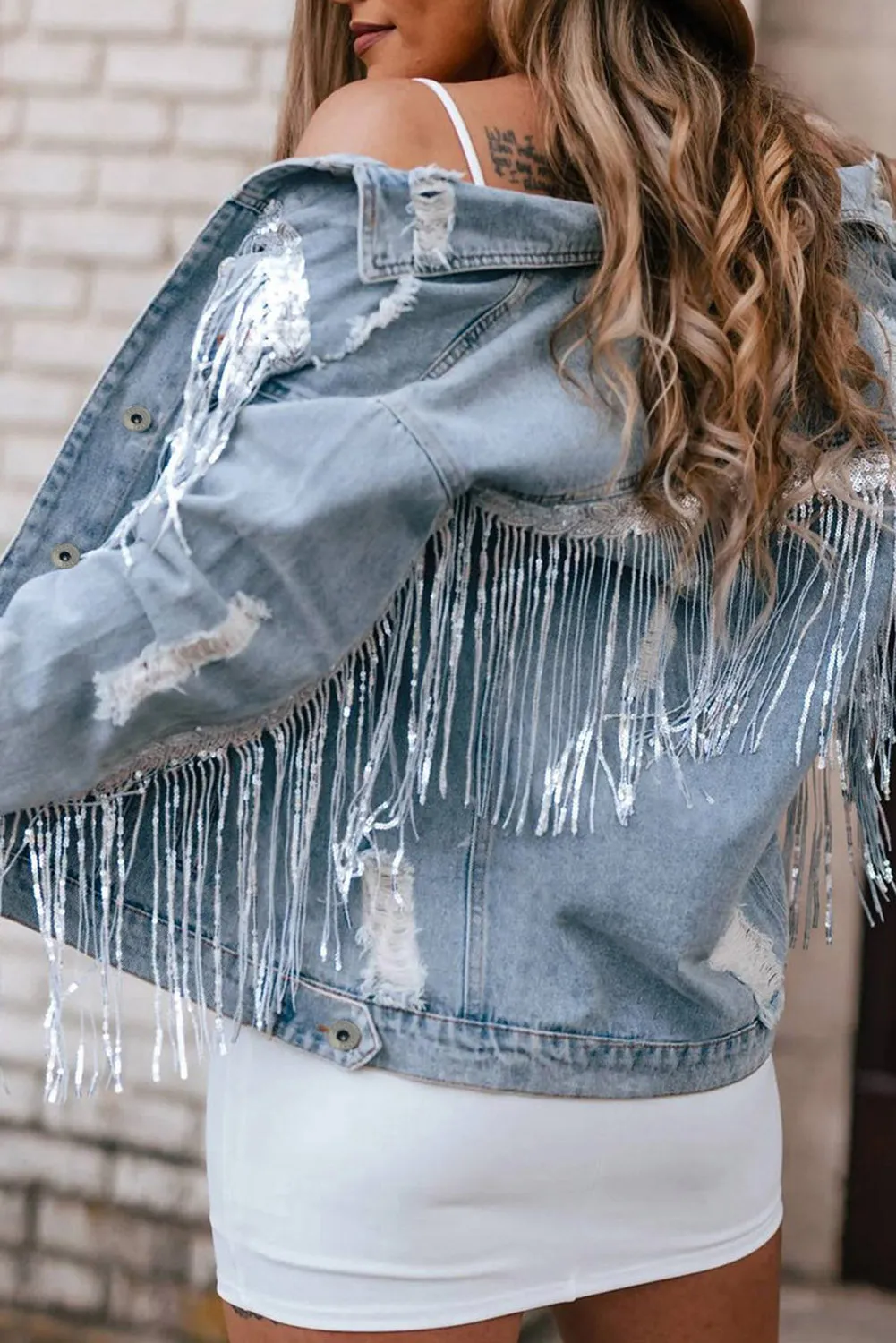 Wholesale Blue Sequined Fringe Distressed Button Up Denim Jacket