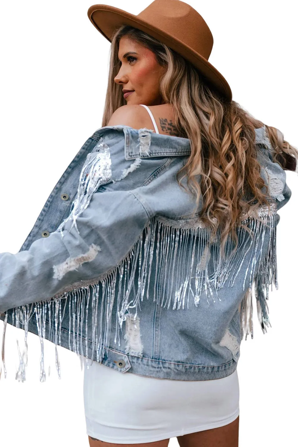 Wholesale Blue Sequined Fringe Distressed Button Up Denim Jacket