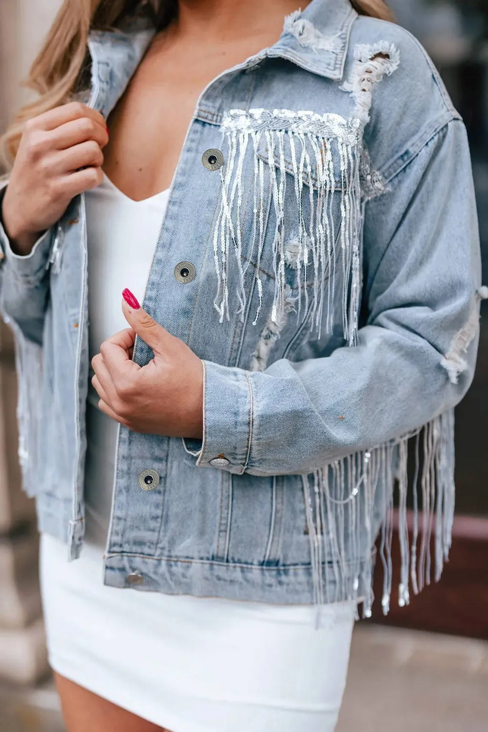 Wholesale Blue Sequined Fringe Distressed Button Up Denim Jacket