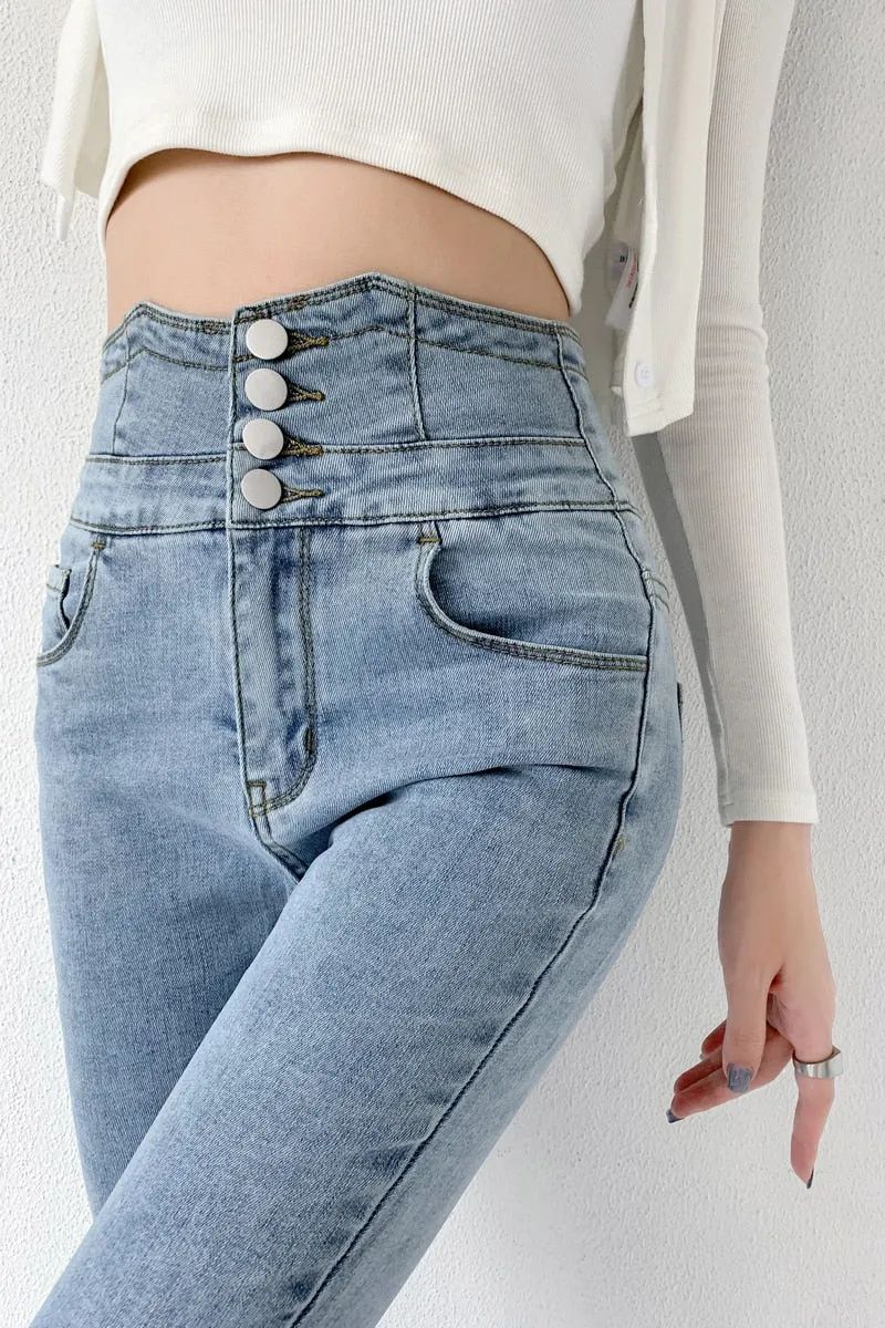 Wjczt Skinny Pencil Jeans Four Buttons Vintage High Waist Women Slim Stretch Denim Pants Tight Trousers 2022 Women's Pants