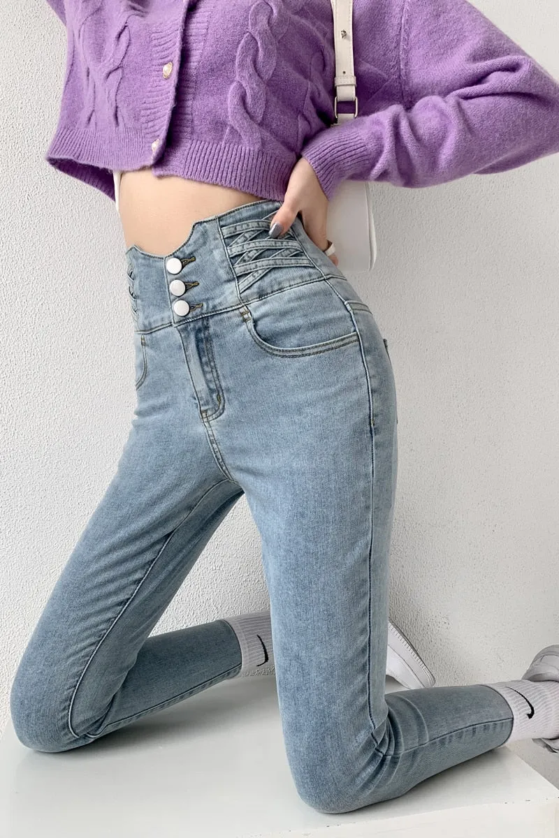 Wjczt Skinny Pencil Jeans Four Buttons Vintage High Waist Women Slim Stretch Denim Pants Tight Trousers 2022 Women's Pants