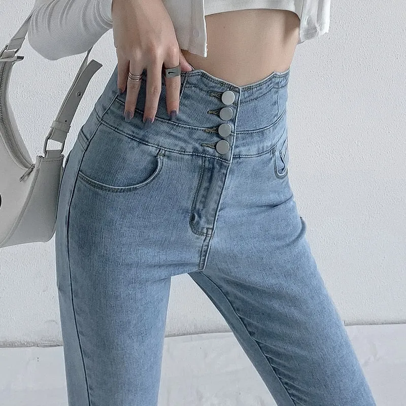 Wjczt Skinny Pencil Jeans Four Buttons Vintage High Waist Women Slim Stretch Denim Pants Tight Trousers 2022 Women's Pants