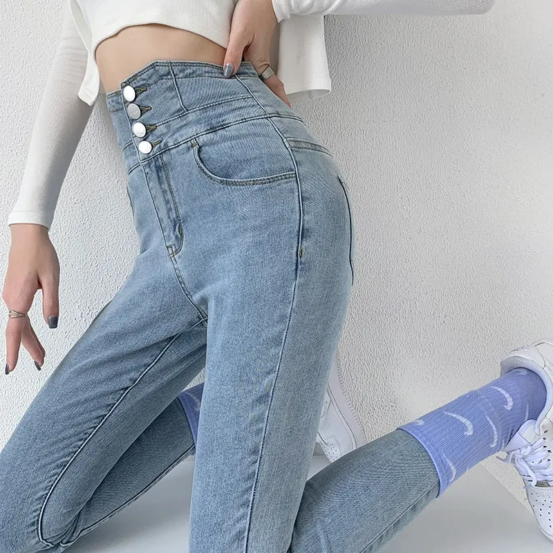 Wjczt Skinny Pencil Jeans Four Buttons Vintage High Waist Women Slim Stretch Denim Pants Tight Trousers 2022 Women's Pants