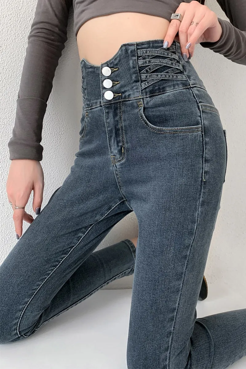 Wjczt Skinny Pencil Jeans Four Buttons Vintage High Waist Women Slim Stretch Denim Pants Tight Trousers 2022 Women's Pants