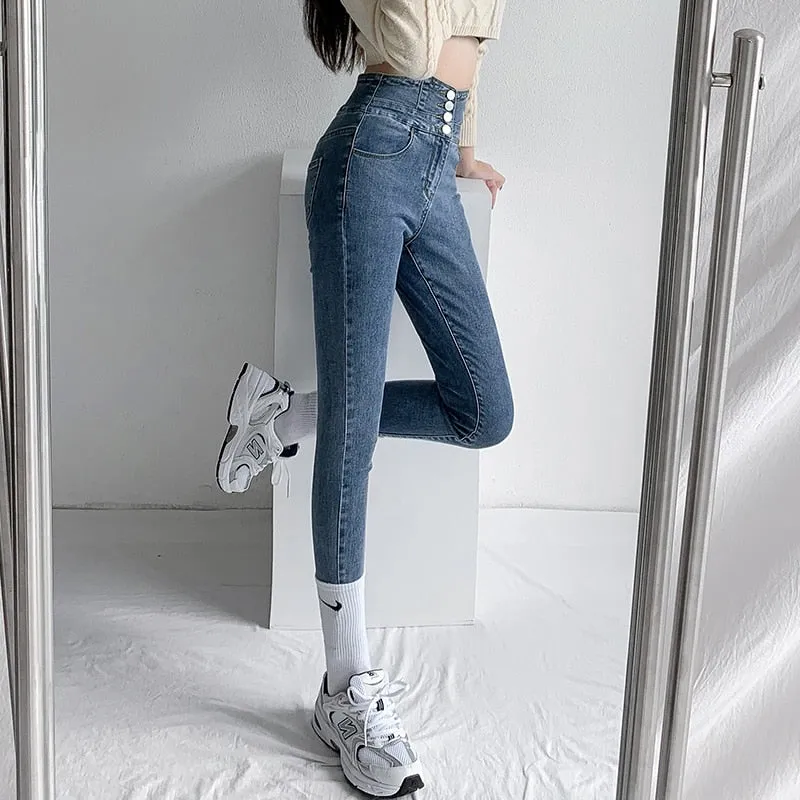 Wjczt Skinny Pencil Jeans Four Buttons Vintage High Waist Women Slim Stretch Denim Pants Tight Trousers 2022 Women's Pants