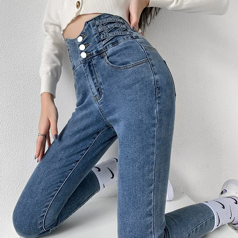 Wjczt Skinny Pencil Jeans Four Buttons Vintage High Waist Women Slim Stretch Denim Pants Tight Trousers 2022 Women's Pants