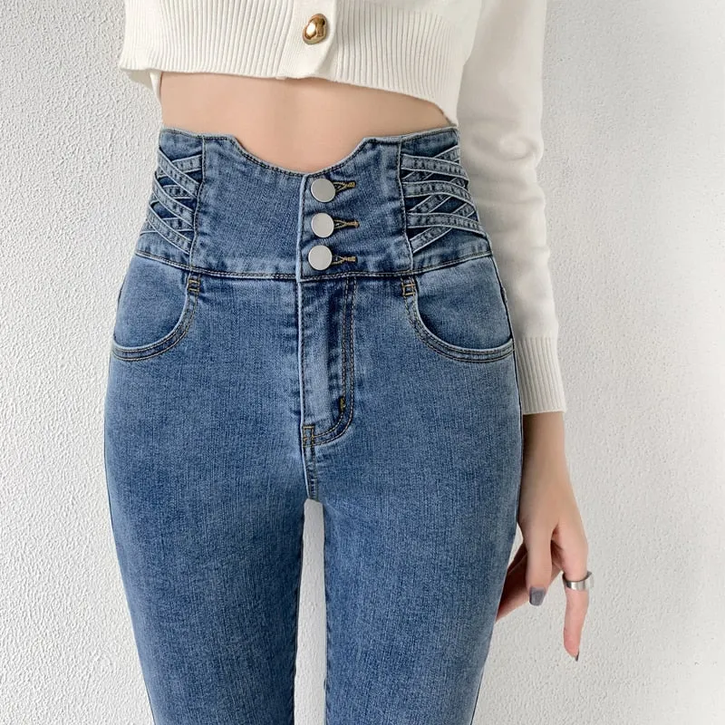 Wjczt Skinny Pencil Jeans Four Buttons Vintage High Waist Women Slim Stretch Denim Pants Tight Trousers 2022 Women's Pants