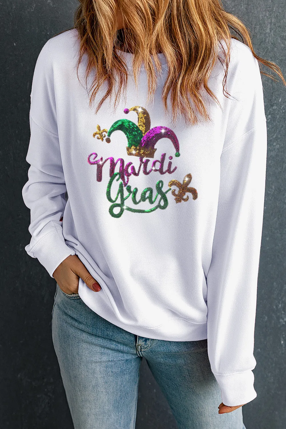 Women's Mardi Gras Sequined Pattern Drop Shoulder Crew Neck Sweatshirt