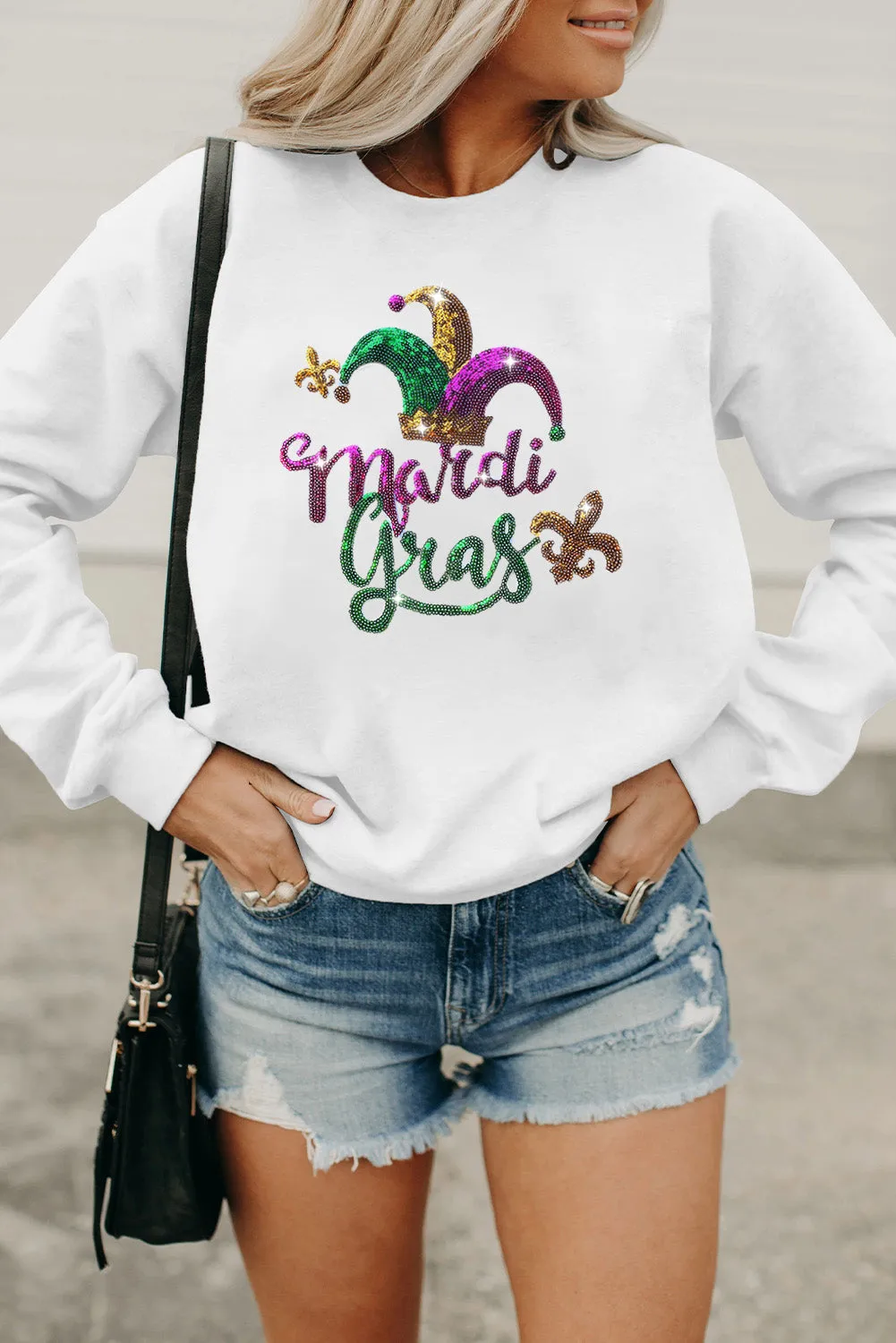 Women's Mardi Gras Sequined Pattern Drop Shoulder Crew Neck Sweatshirt