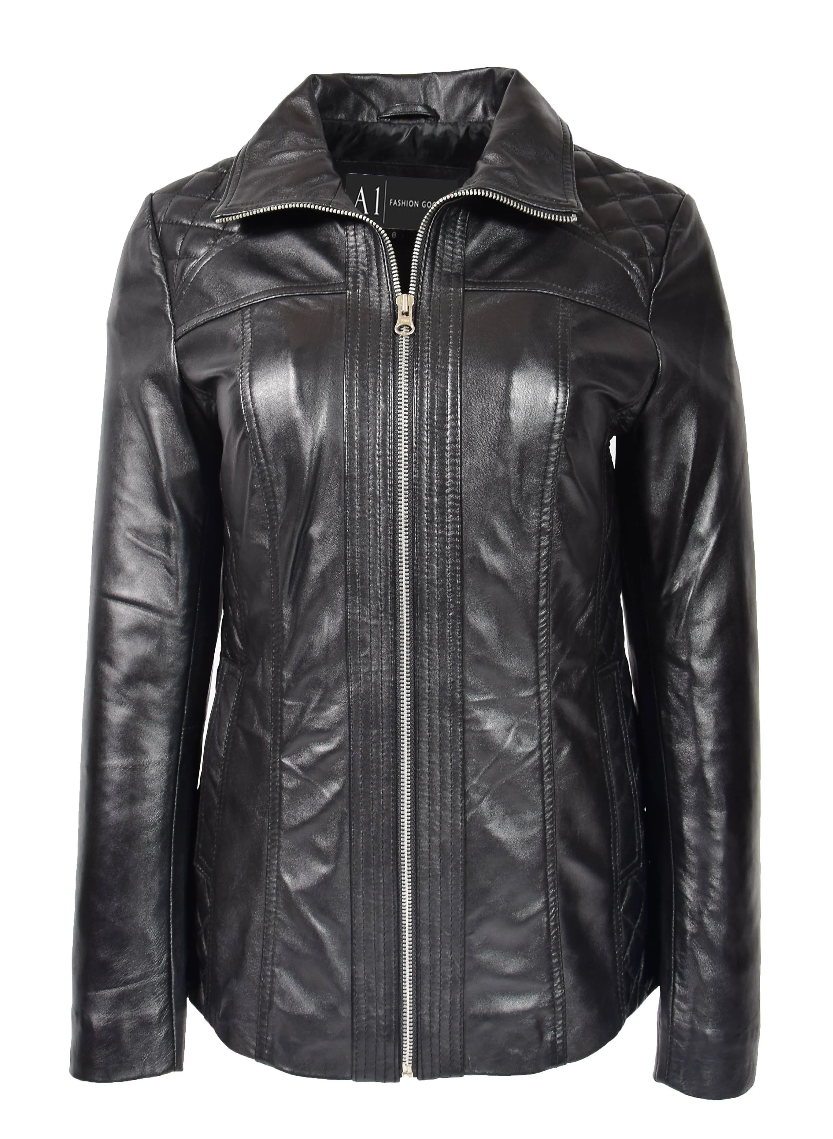 Womens Soft Black Leather Jacket Classic Fitted Quilted Hip Length Zip Fasten Paula