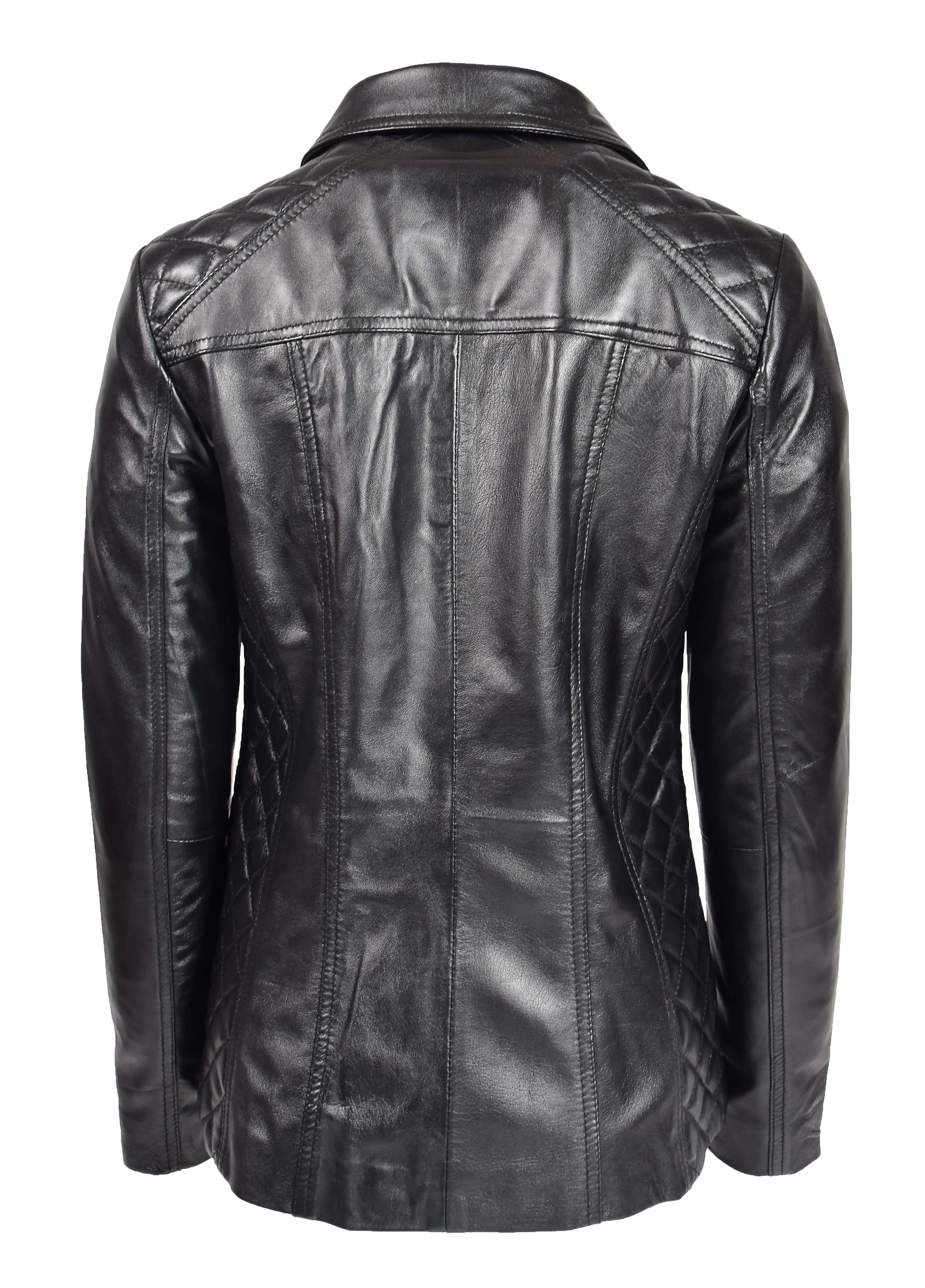 Womens Soft Black Leather Jacket Classic Fitted Quilted Hip Length Zip Fasten Paula