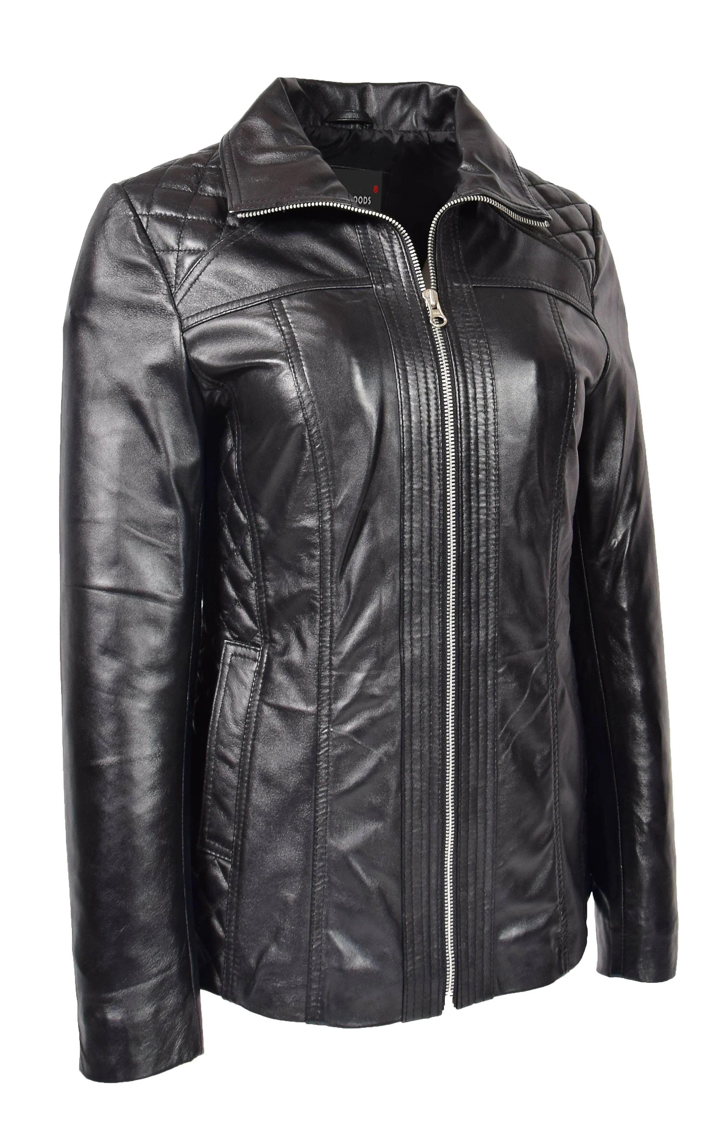 Womens Soft Black Leather Jacket Classic Fitted Quilted Hip Length Zip Fasten Paula