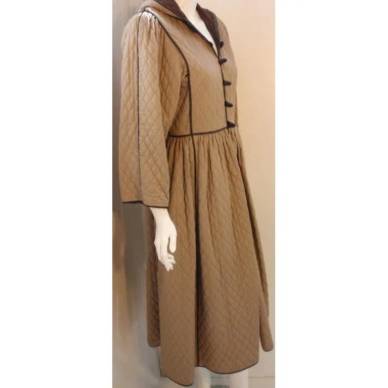 YVES SAINT LAURENT 1980s Khaki Quilted Toggle Coat Dress | Size 38